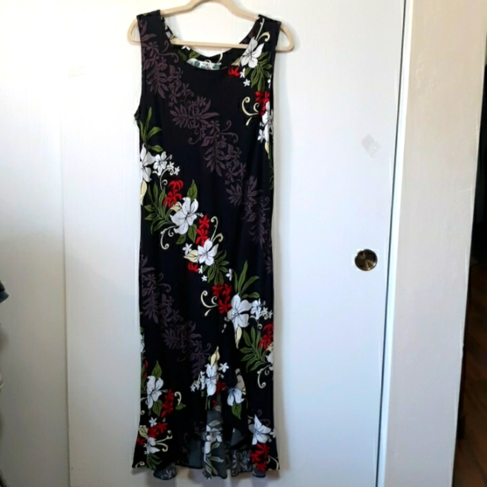 Two Palms Sleeveless Maxi Dress Sz 2X Black Multi Floral Rayon Asymmetric Ruffle